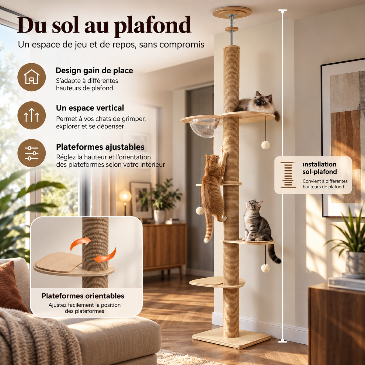Arbre à Chat du Sol au Plafond – Hauteur Réglable, Grotte Panoramique & Griffoirs