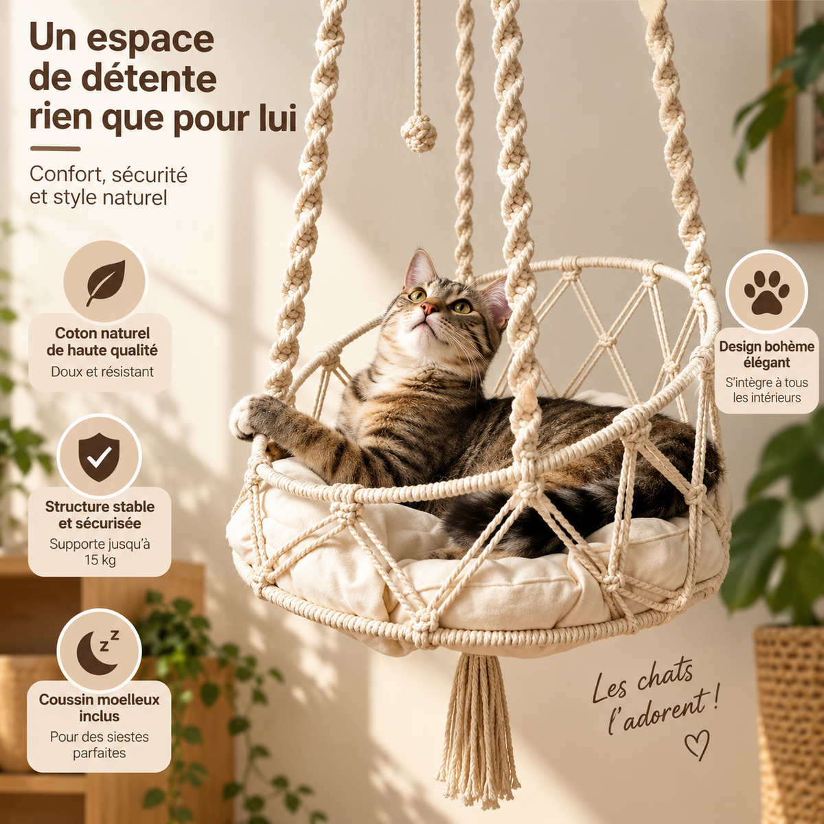 Hamac Suspendu Bohème pour Chat – Coton Tissé & Coussin Douillet