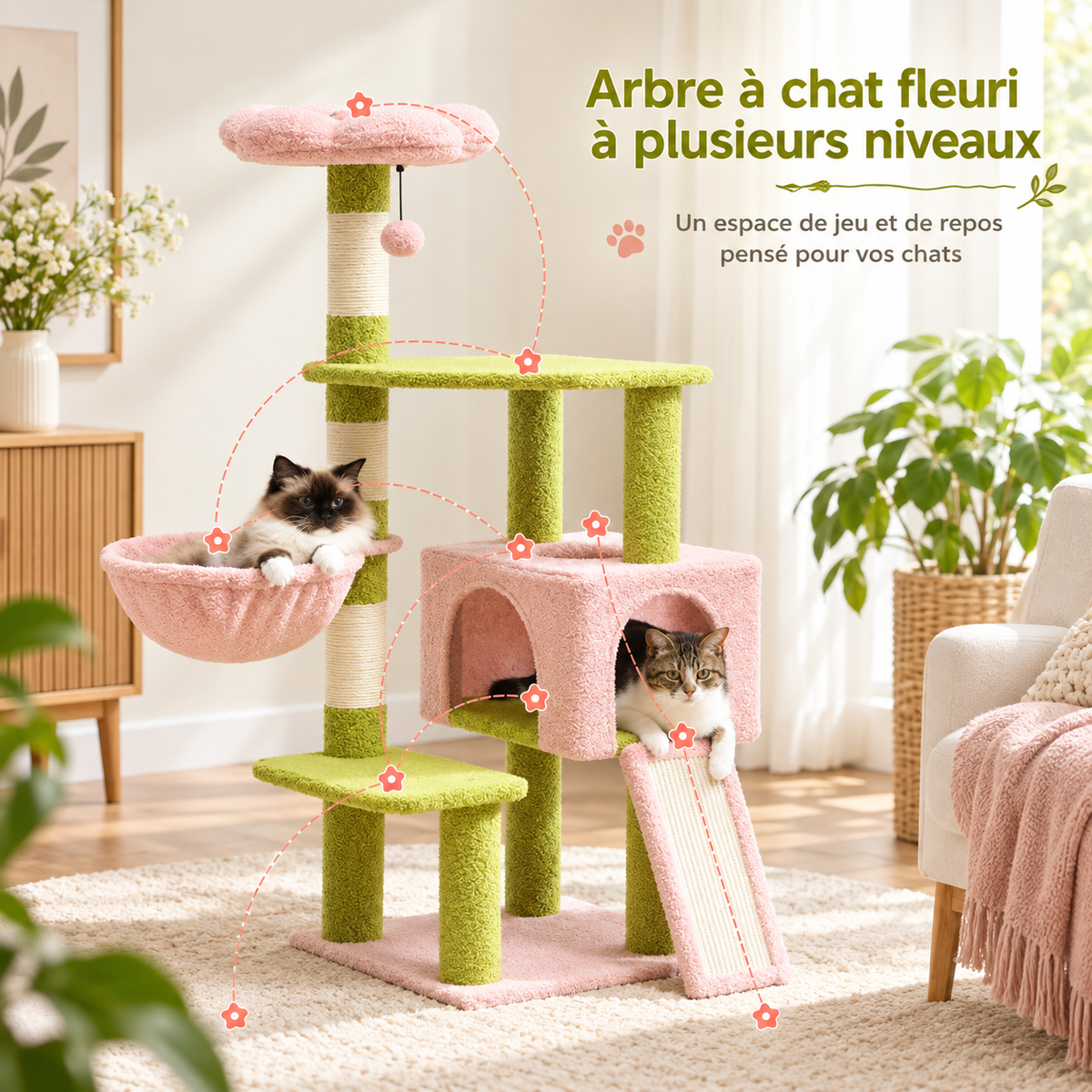 Arbre à Chat Floral Multi-Niveaux – Griffoirs, Nid & Perchoir