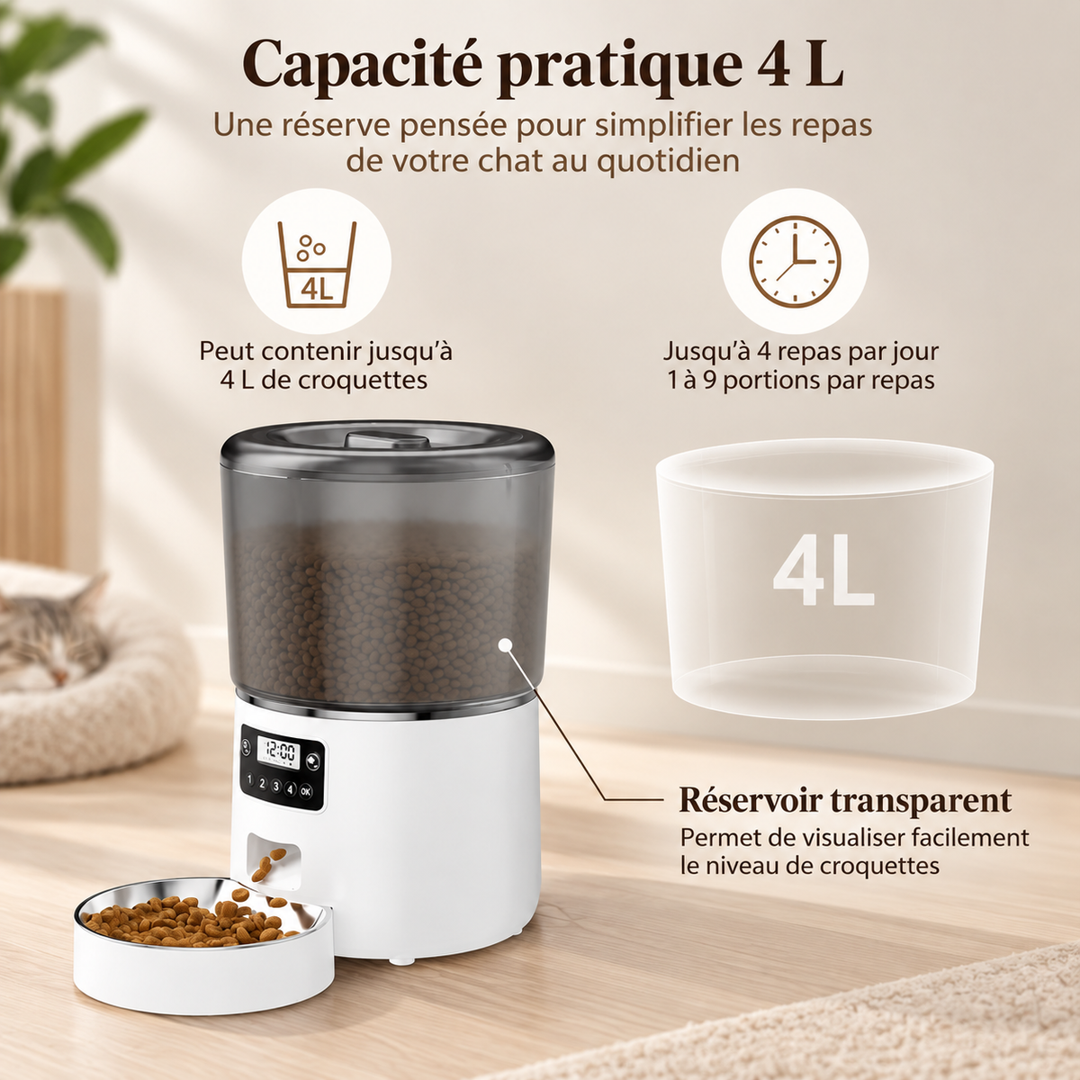 Distributeur Automatique de Croquettes 4 L pour Chat – Repas Programmables
