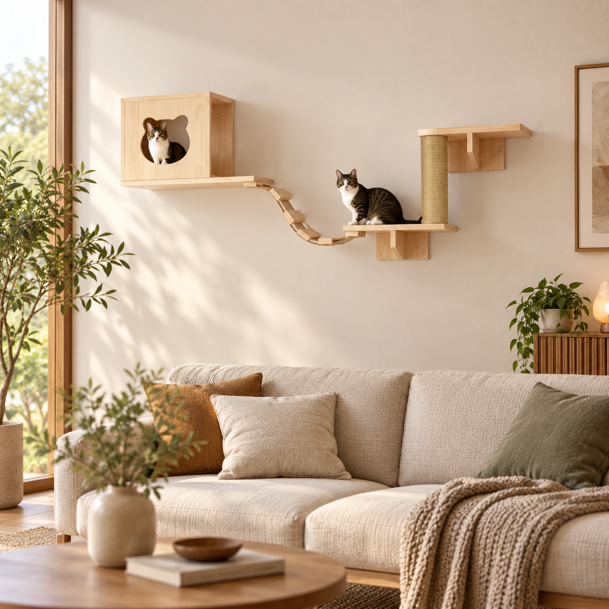 Parcours Mural en Bois pour Chat – Niche, Plateformes & Échelle d’Escalade
