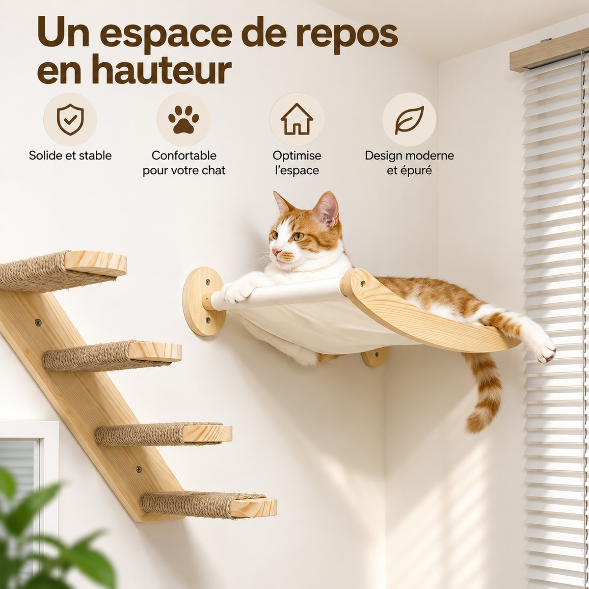 Arbre à Chat Mural Double Niveau en Bois – Échelle & Griffoir
