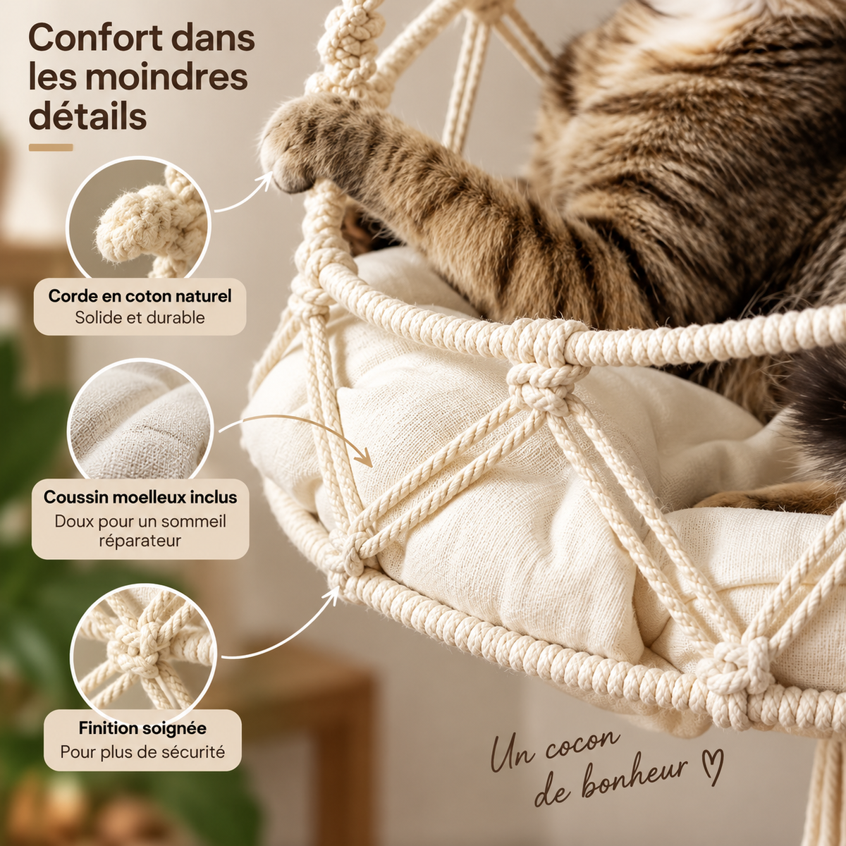 Hamac Suspendu Bohème pour Chat – Coton Tissé & Coussin Douillet