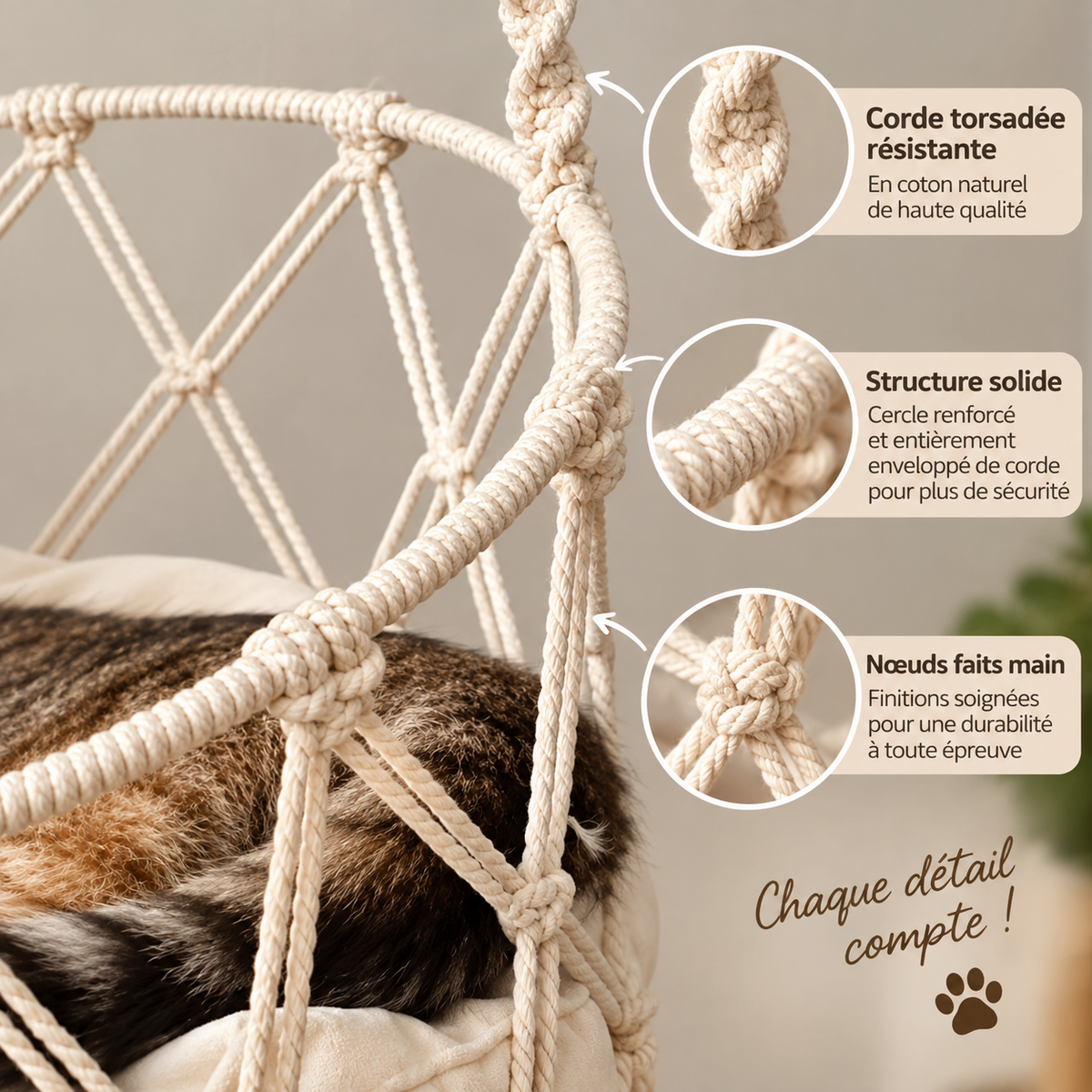 Hamac Suspendu Bohème pour Chat – Coton Tissé & Coussin Douillet