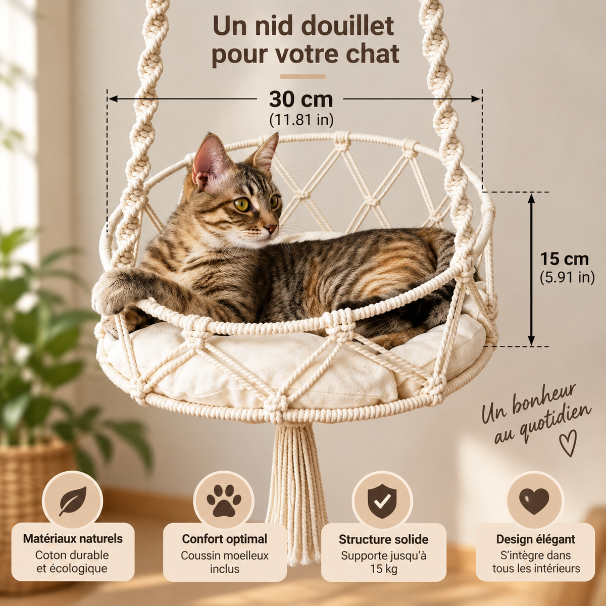 Hamac Suspendu Bohème pour Chat – Coton Tissé & Coussin Douillet