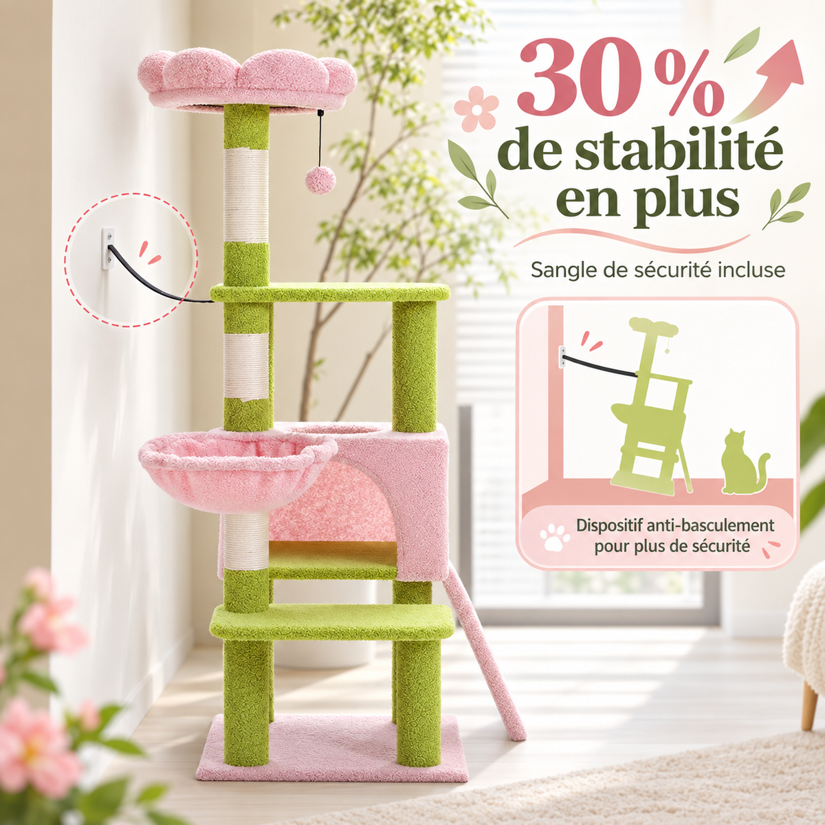 Arbre à Chat Floral Multi-Niveaux – Griffoirs, Nid & Perchoir