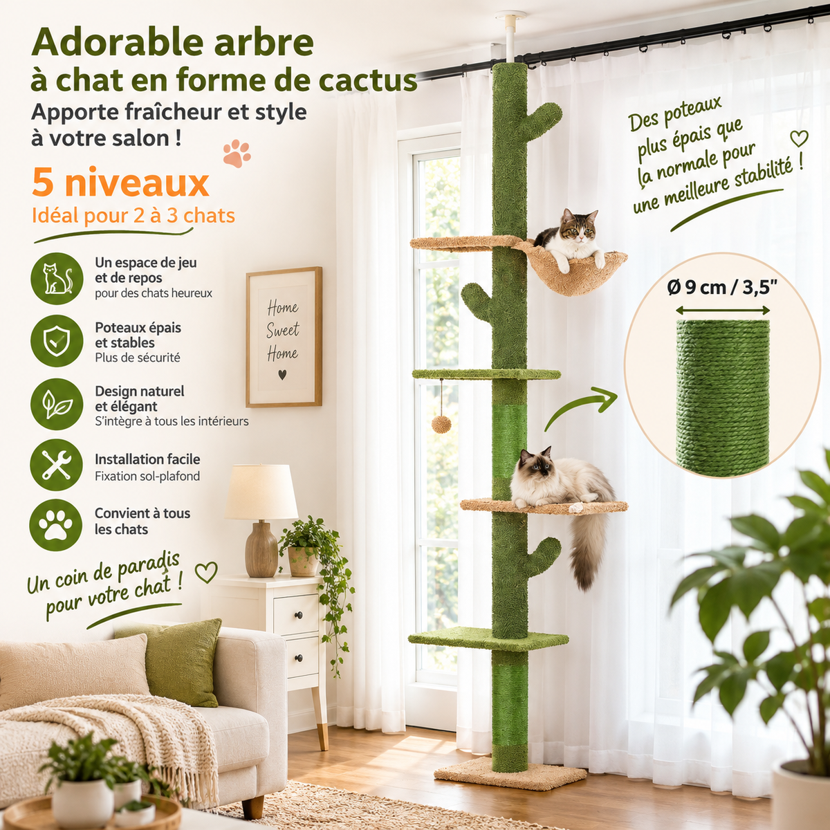 Arbre à Chat du Sol au Plafond – 5 Niveaux, Hamac & Griffoir