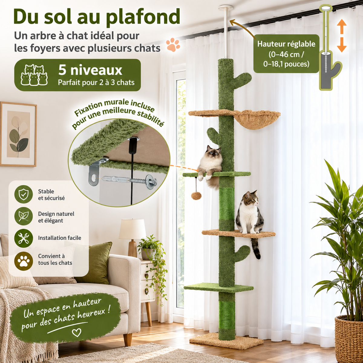 Arbre à Chat du Sol au Plafond – 5 Niveaux, Hamac & Griffoir