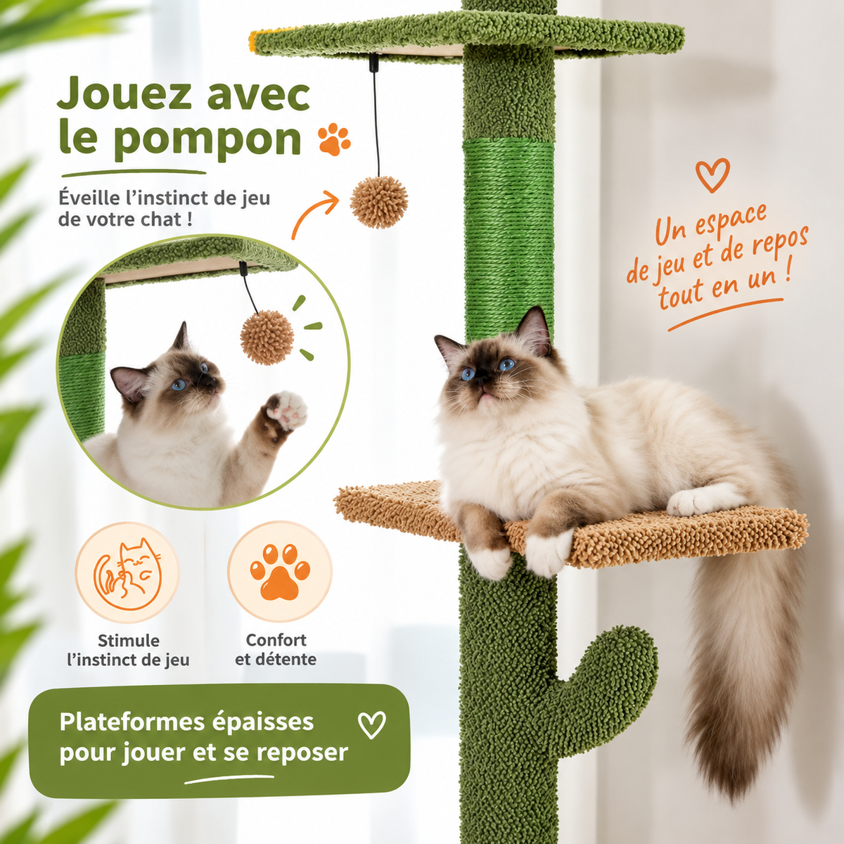 Arbre à Chat du Sol au Plafond – 5 Niveaux, Hamac & Griffoir