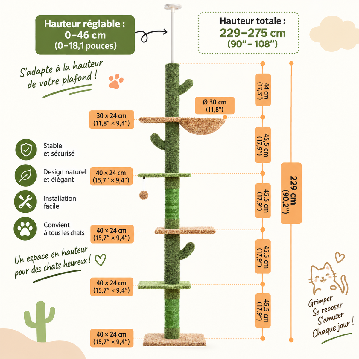 Arbre à Chat du Sol au Plafond – 5 Niveaux, Hamac & Griffoir