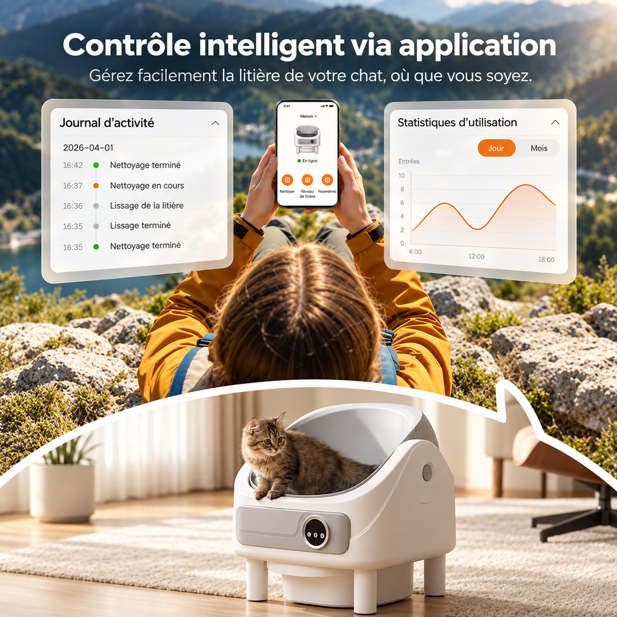 Litière Autonettoyante pour Chat – Connectée, 10 Capteurs & Contrôle par Application