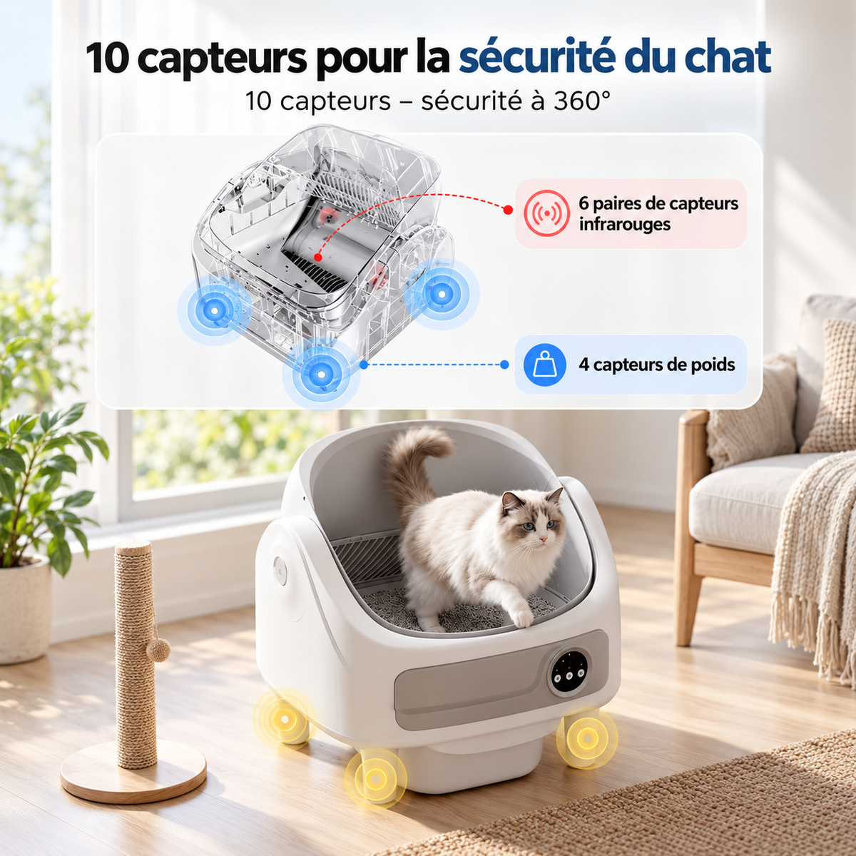 Litière Autonettoyante pour Chat – Connectée, 10 Capteurs & Contrôle par Application