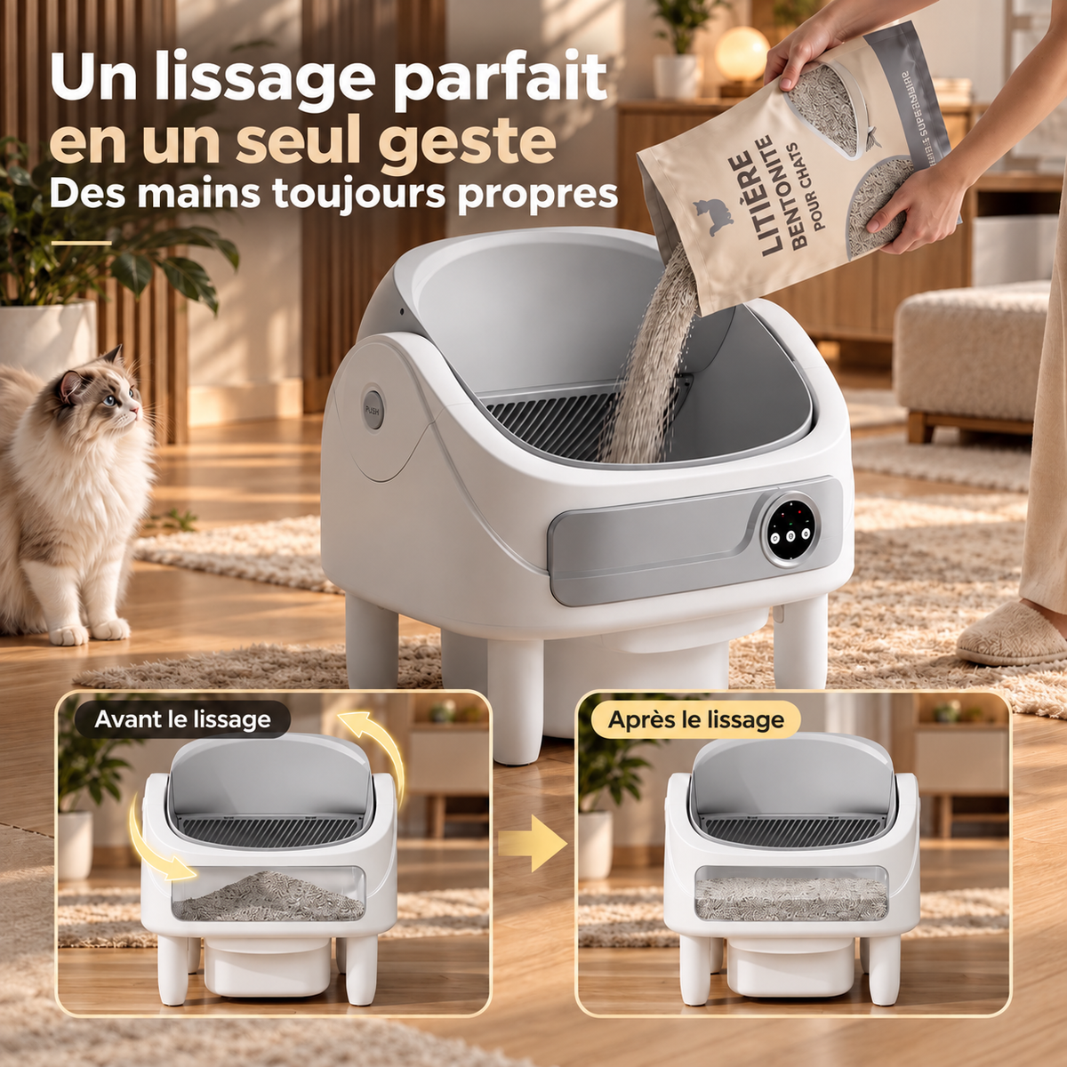Litière Autonettoyante pour Chat – Connectée, 10 Capteurs & Contrôle par Application