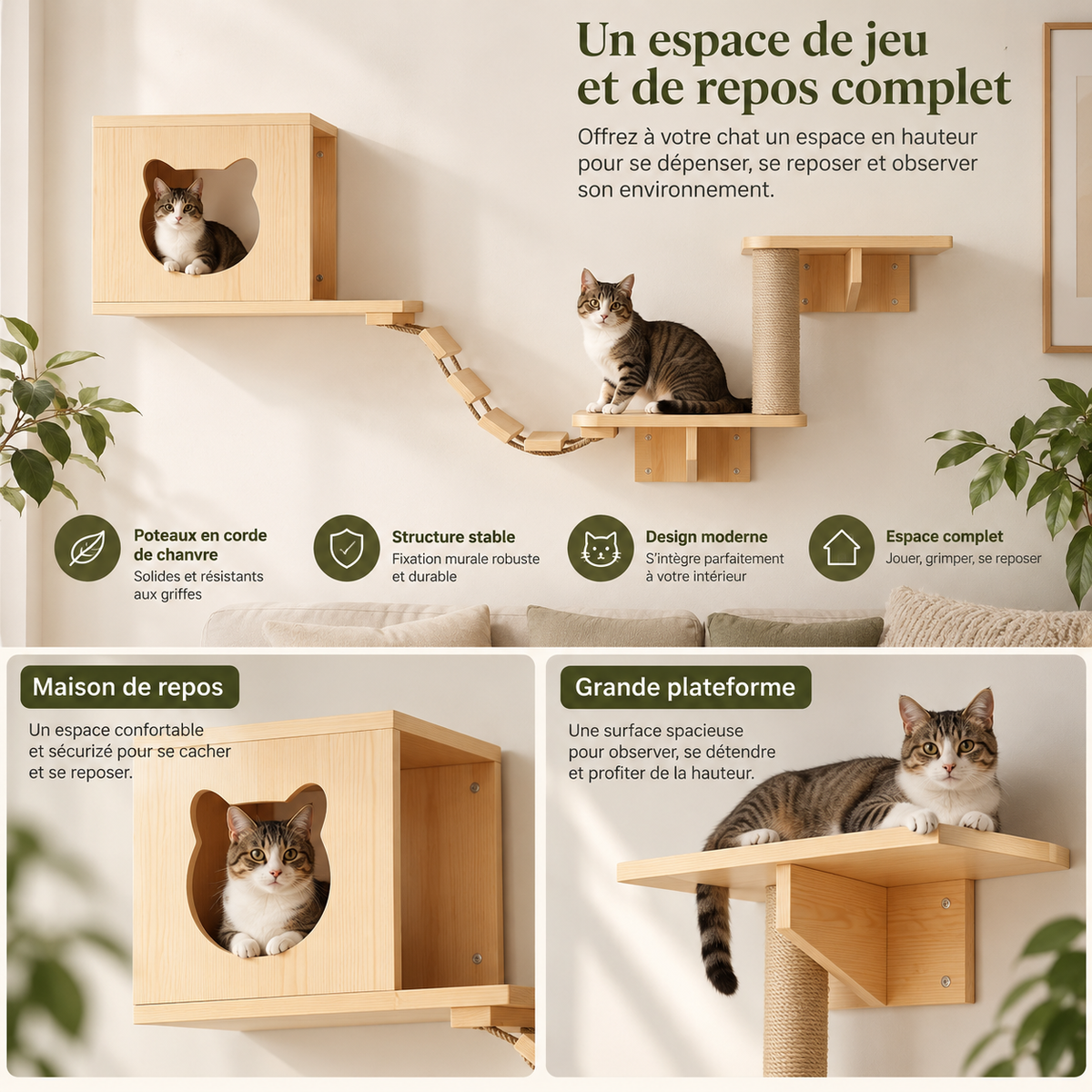 Parcours Mural en Bois pour Chat – Niche, Plateformes & Échelle d’Escalade