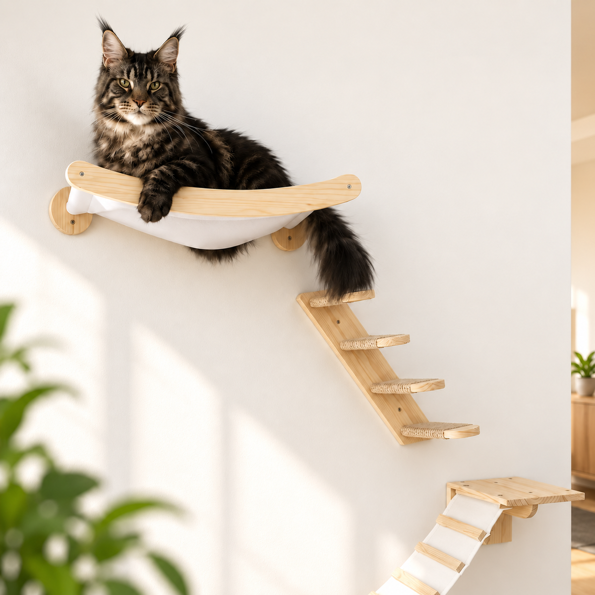 Arbre à Chat Mural Double Niveau en Bois – Échelle & Griffoir