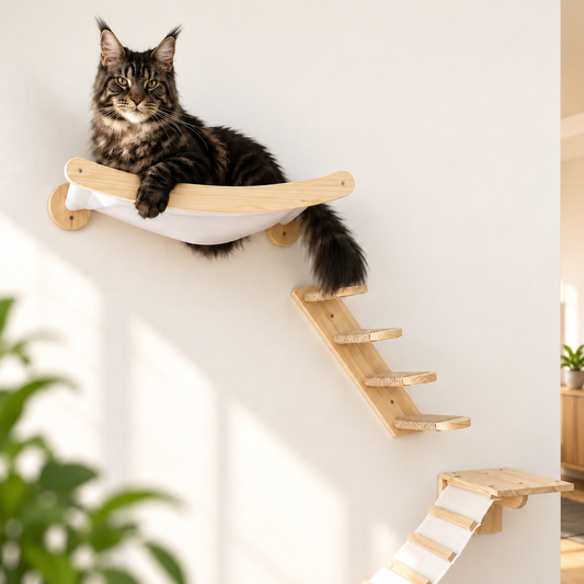 Arbre à Chat Mural Double Niveau en Bois – Échelle & Griffoir