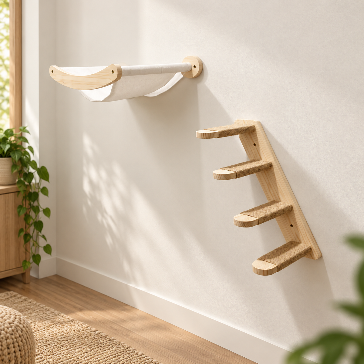 Arbre à Chat Mural Double Niveau en Bois – Échelle & Griffoir