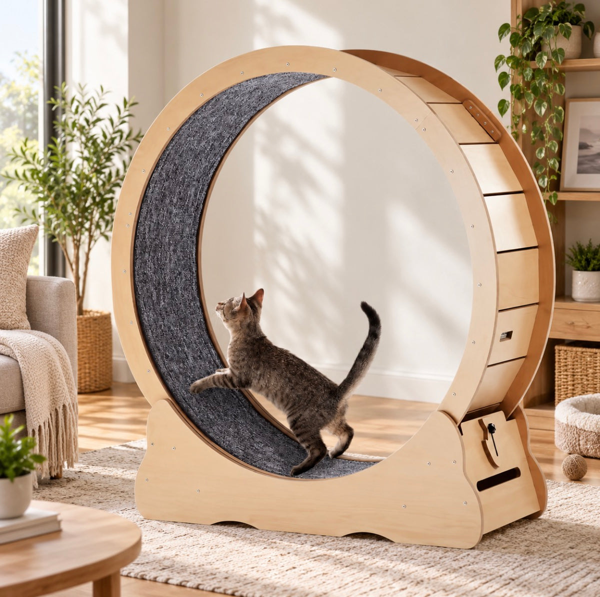 Roue d’Exercice en Bois pour Chat – Tapis Amovible & Jouet Intégré