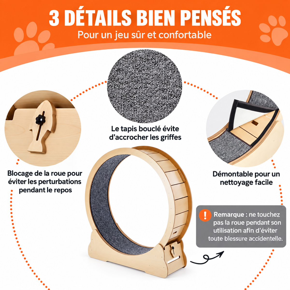 Roue d’Exercice en Bois pour Chat – Tapis Amovible & Jouet Intégré