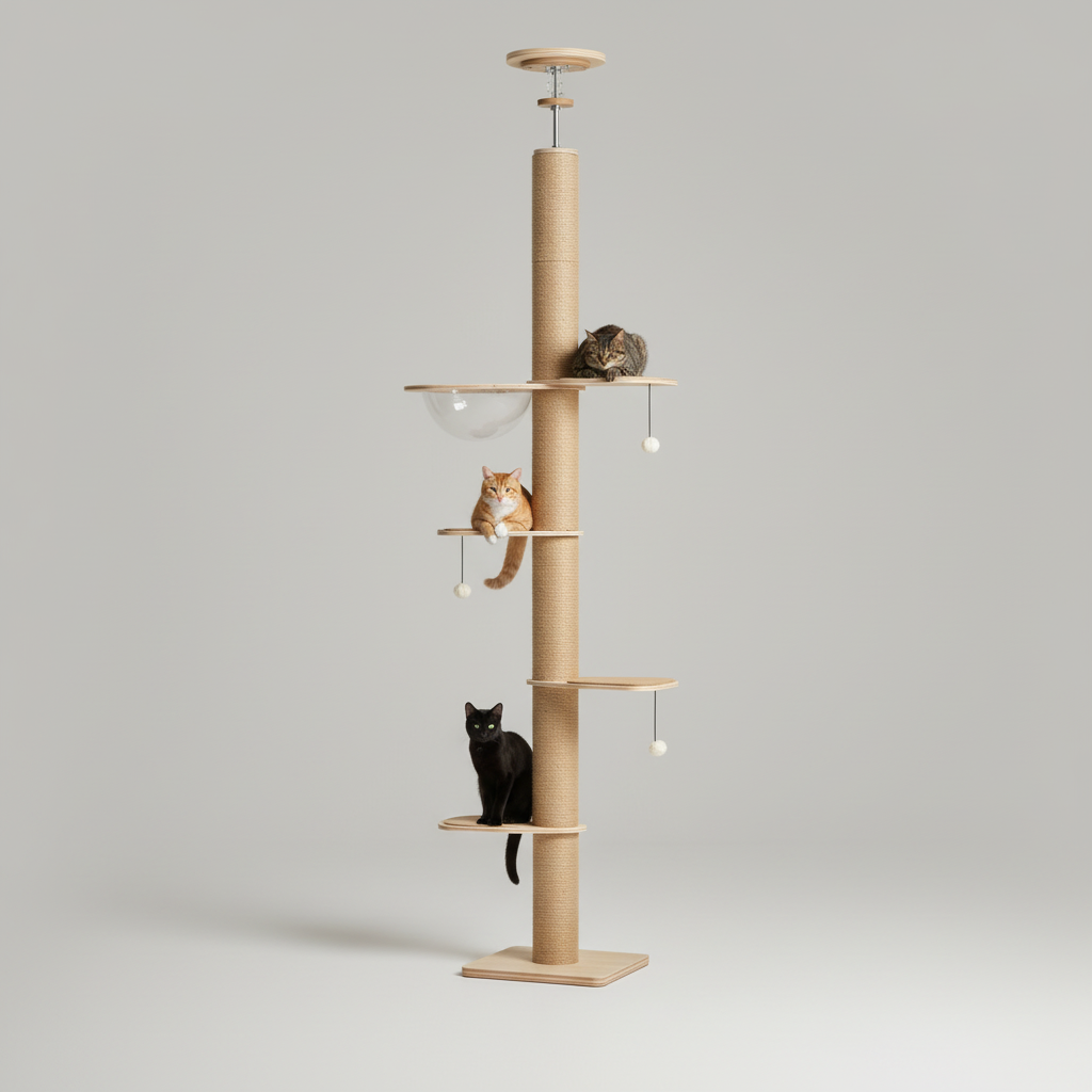 Arbre à Chat du Sol au Plafond – Hauteur Réglable, Grotte Panoramique & Griffoirs