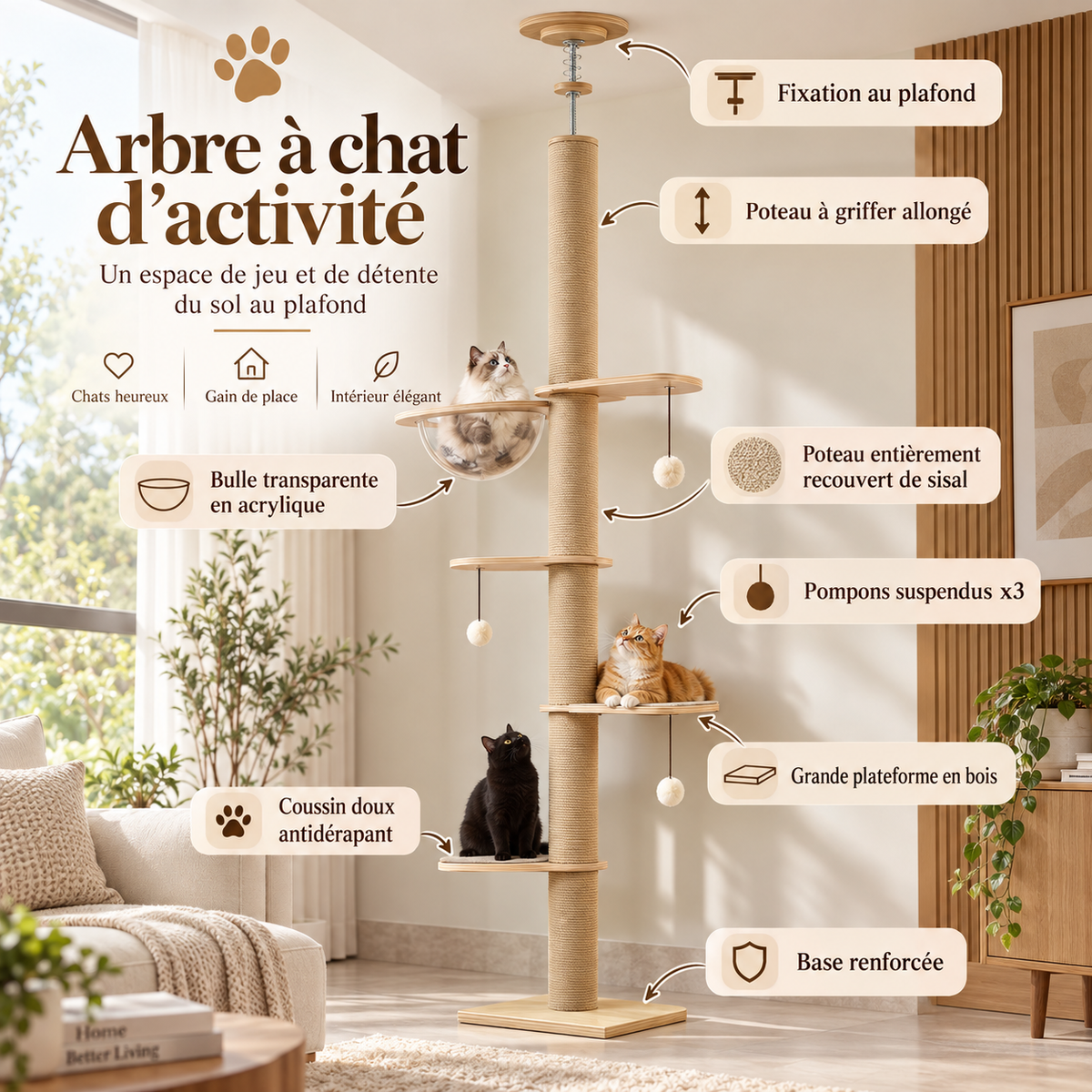 Arbre à Chat du Sol au Plafond – Hauteur Réglable, Grotte Panoramique & Griffoirs